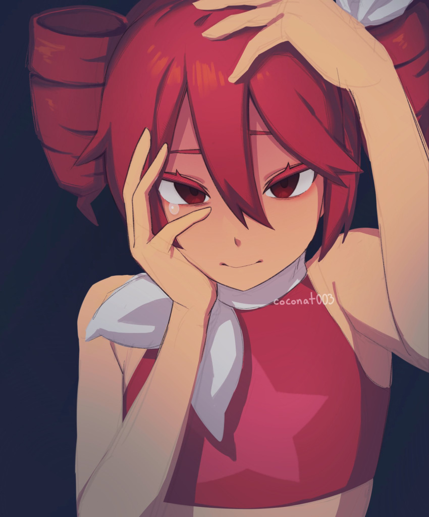 1girl, bare_shoulders, colored_eyelashes, commentary, crop_top, drill_hair, english_commentary, hair_between_eyes
