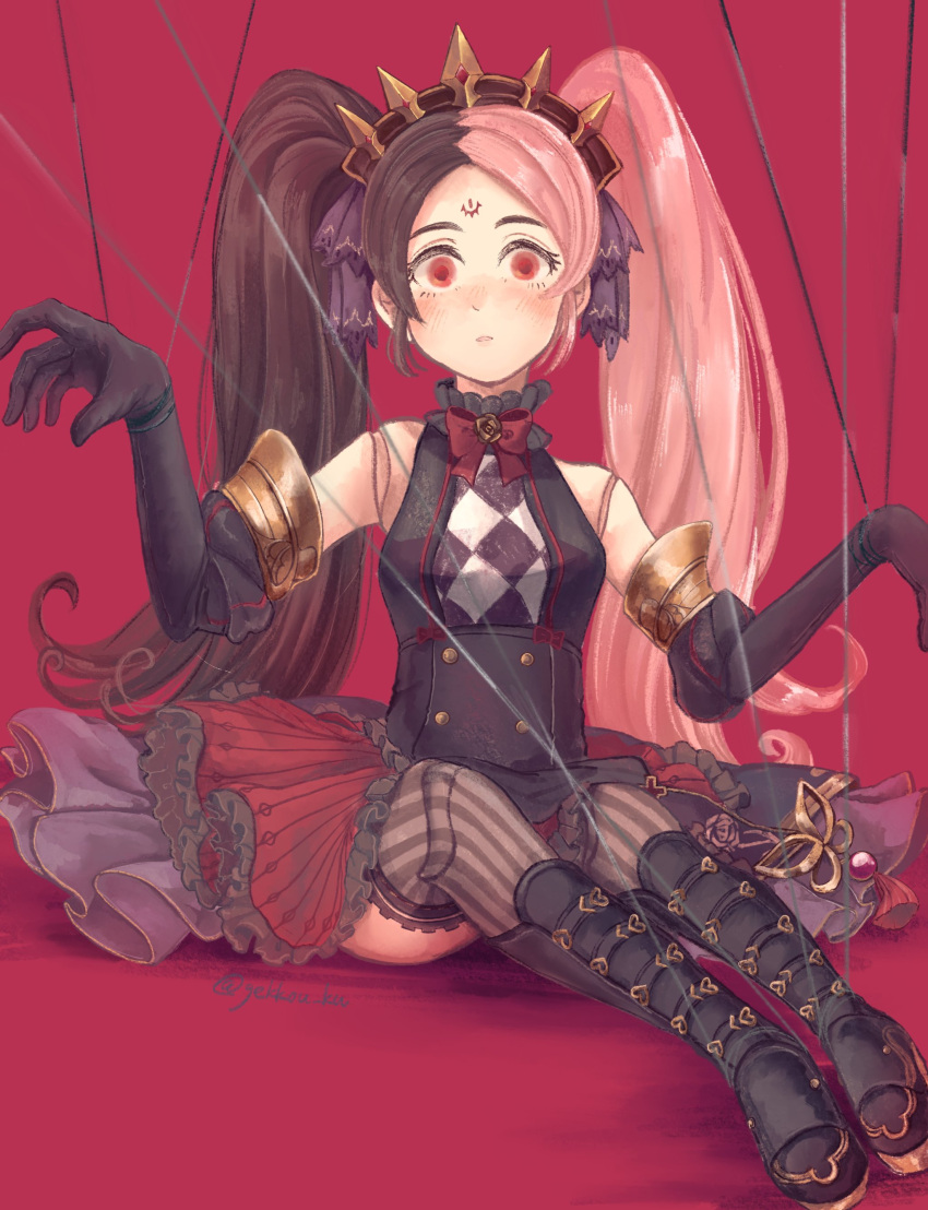 1girl, absurdres, black_boots, black_gloves, black_hair, boots, breasts, buttons, chaos_dorloto_(grimms_notes), doll_joints, elbow_gloves, empty_eyes, gekkou_ku, gloves, grimms_notes, hair_ribbon, highres, joints, long_hair, looking_at_viewer, medium_breasts, multicolored_hair, neck_ribbon, parted_lips, pink_hair, puppet_strings, purple_ribbon, red_eyes, red_ribbon, red_skirt, ribbon, sitting, skirt, solo, spiked_tiara, split-color_hair, striped_clothes, striped_thighhighs, thigh-highs, tiara, twintails, vertical-striped_clothes, vertical-striped_thighhighs