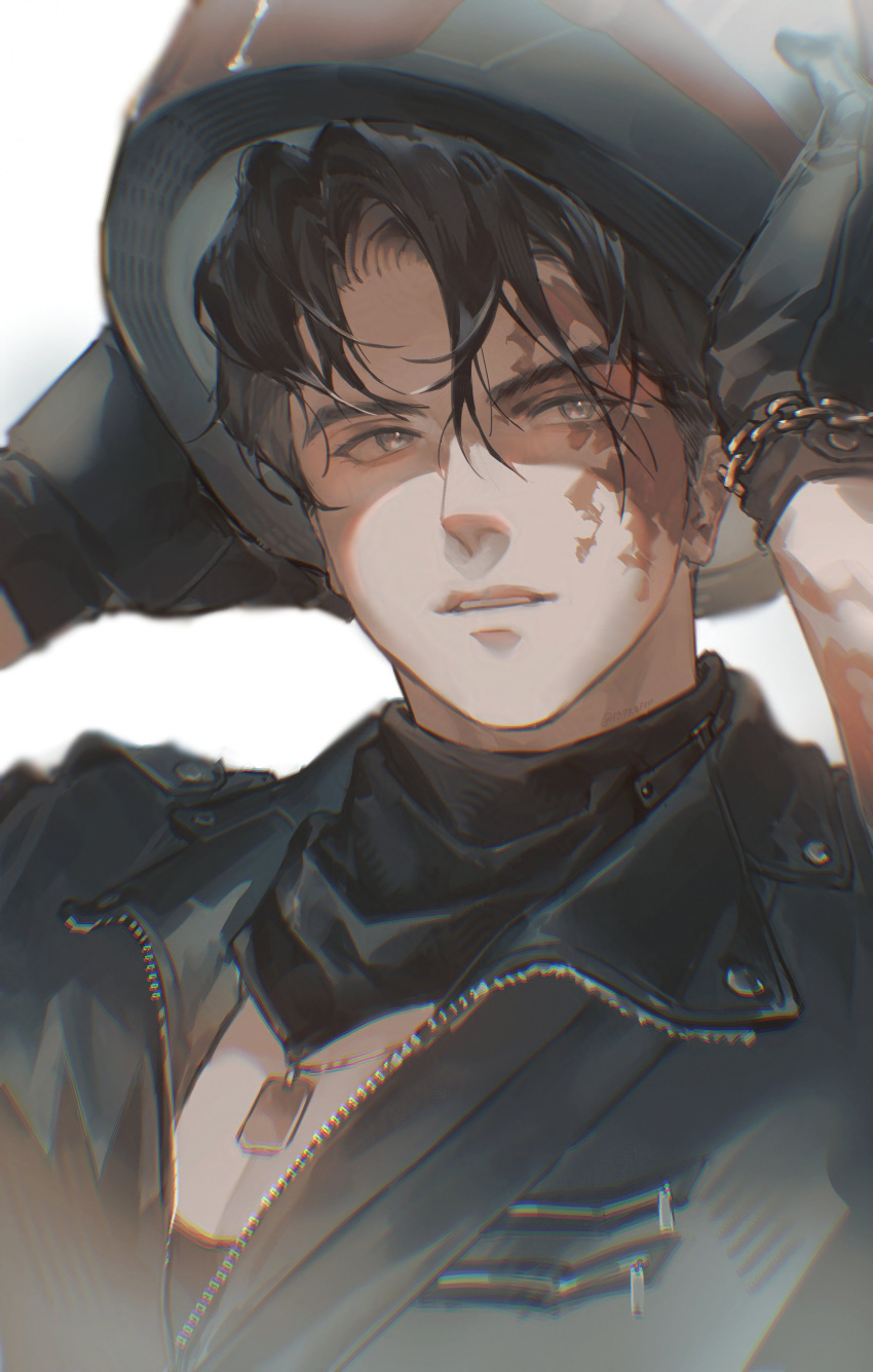 13profen, 1boy, absurdres, arms_up, black_hair, black_jacket, black_neckerchief, blue_eyes