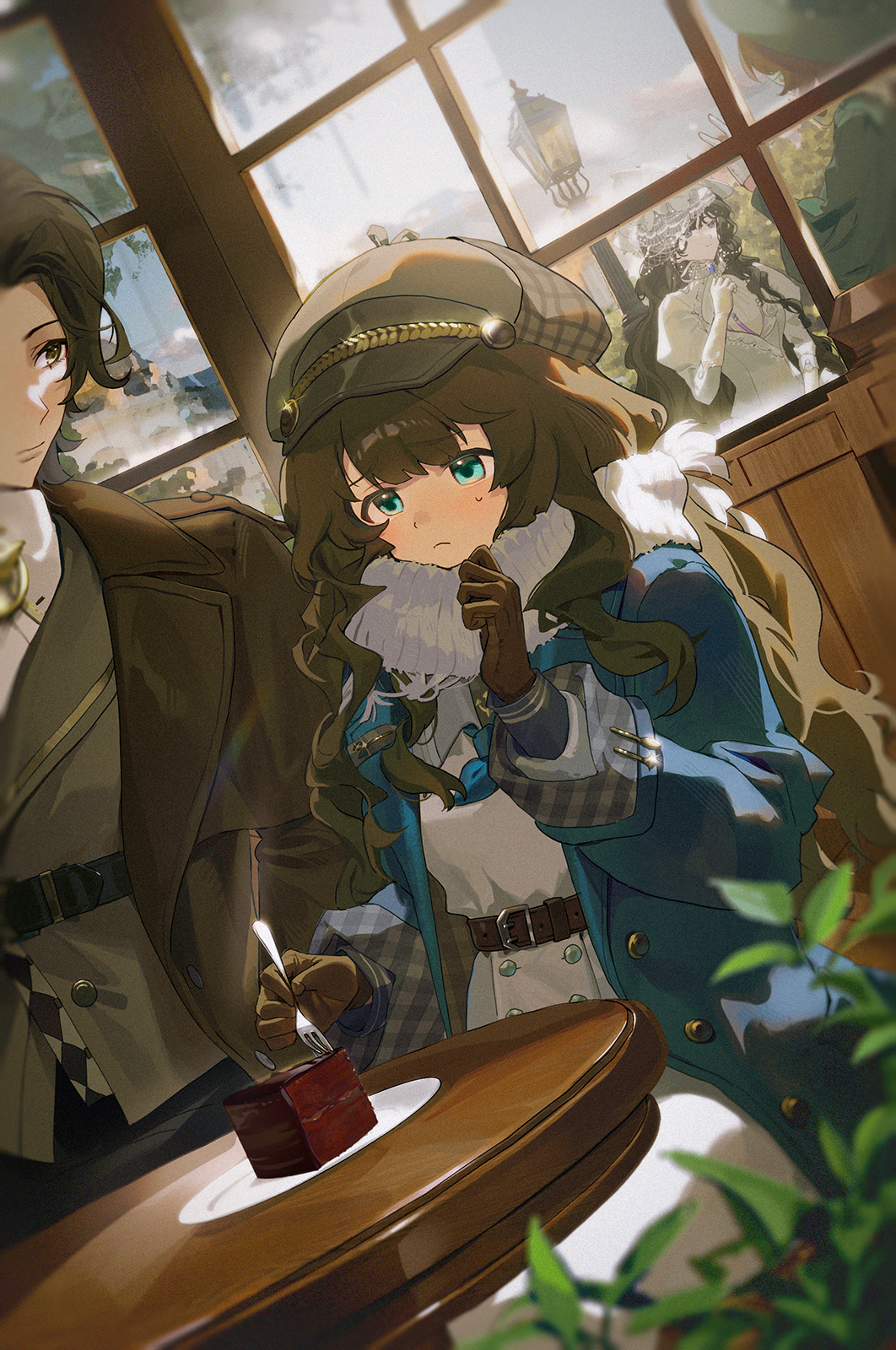 4girls, belt, black_hair, blue_coat, blue_eyes, brown_belt, brown_coat, brown_gloves