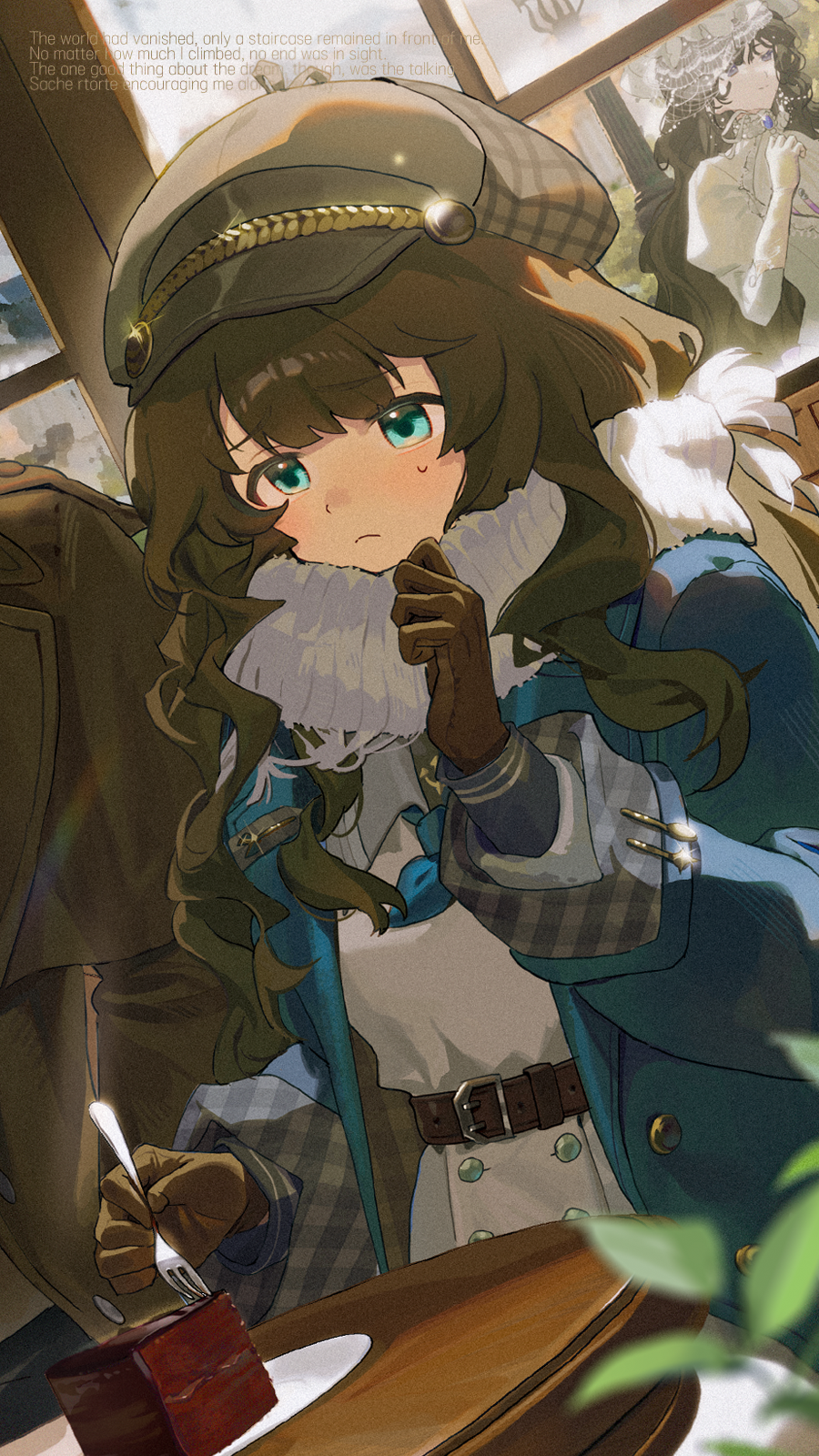 3girls, belt, black_hair, blue_coat, blue_eyes, brown_belt, brown_coat, brown_gloves