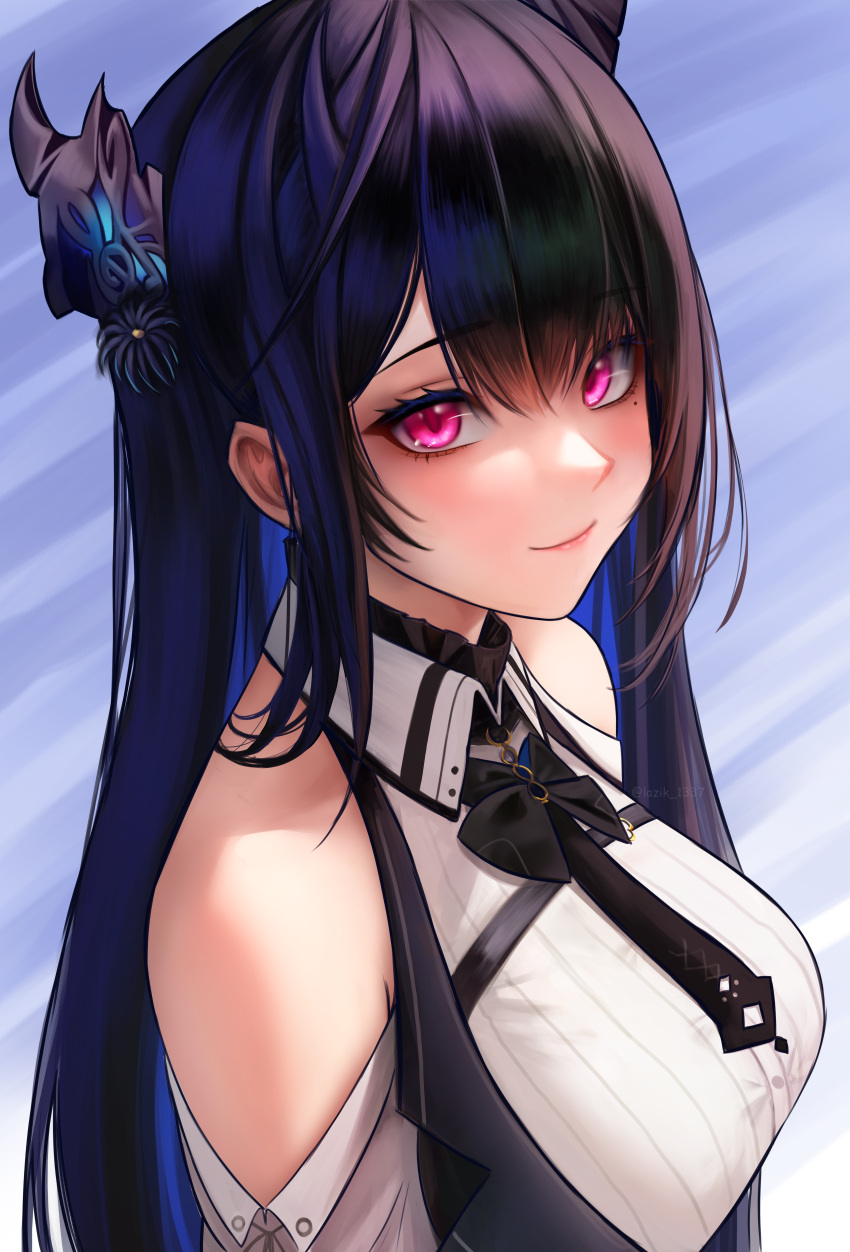 1girl, absurdres, black_hair, black_horns, black_vest, closed_mouth, dress_shirt, highres