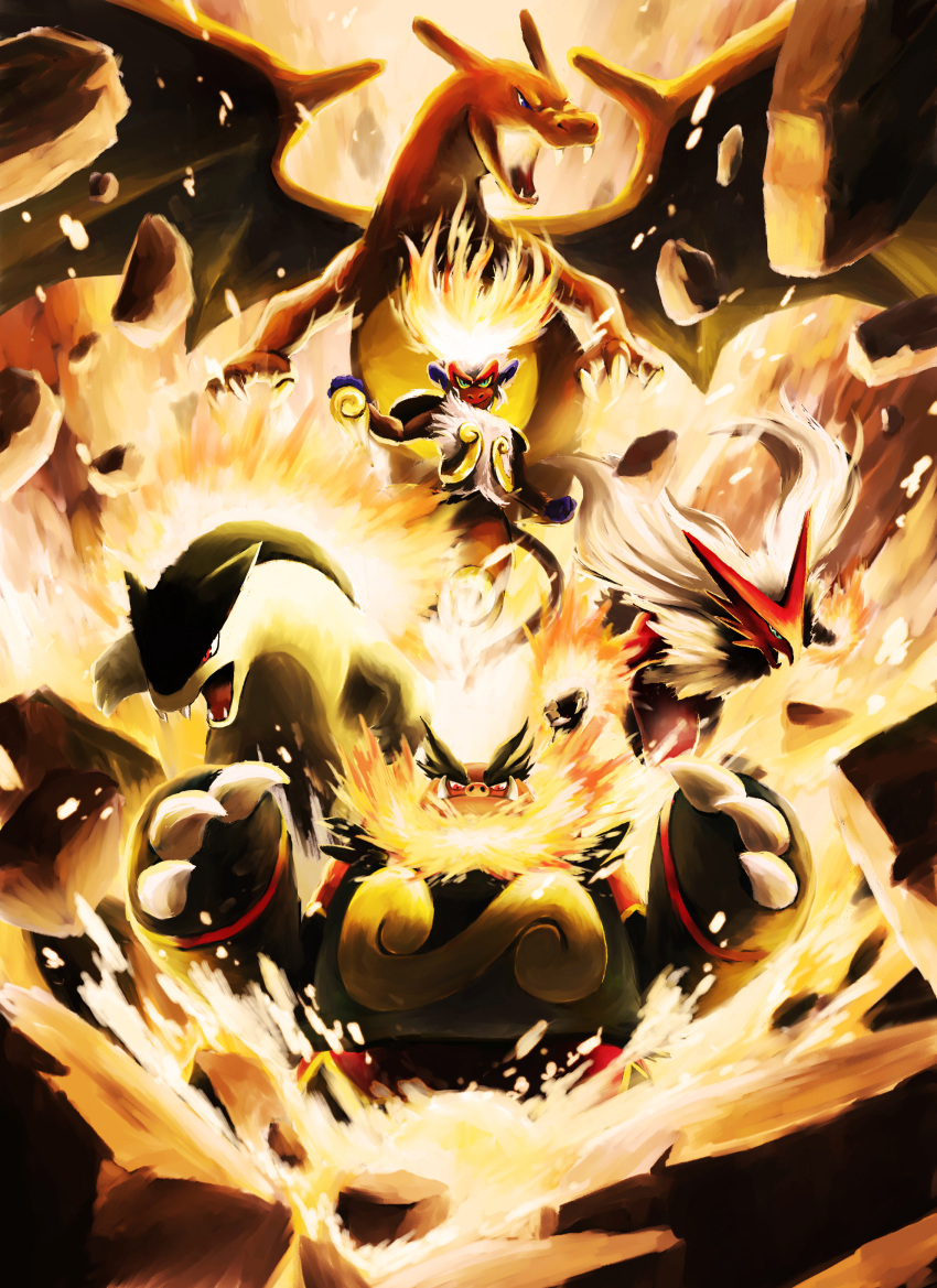 blaziken, charizard, emboar, epic, fire, highres, infernape, no_humans