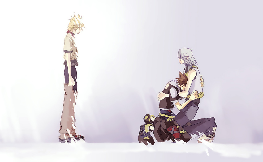 3boys, arms_around_back, black_jacket, black_pants, black_shirt, black_shoes, blonde_hair, blue_pants