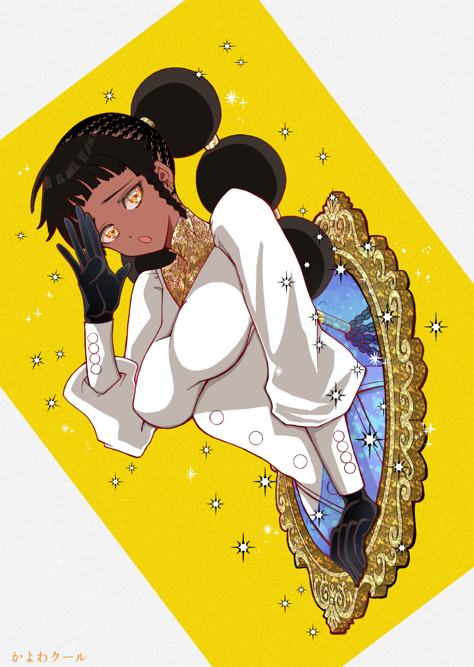 1girl, afro_puffs, black_hair, braid, breasts, dark-skinned_female, dark_skin, desscaras