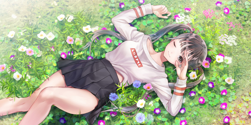 1girl, azumi_nanaka, bare_legs, black_hair, black_skirt, blue_flower, blue_reflection_(series), blue_reflection_sun