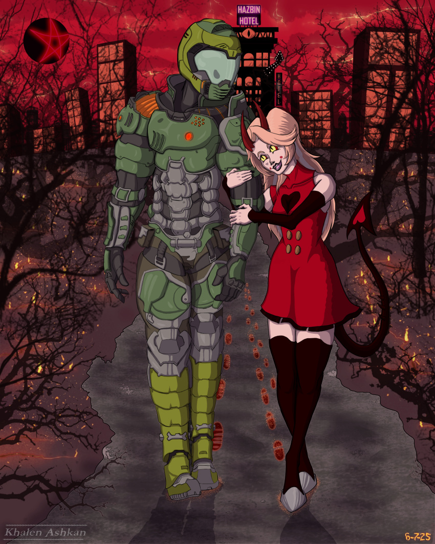 1boy, 1girl, armor, armored_boots, assault_visor, black_gloves, black_shirt, boots, charlie_morningstar, circle_facial_mark, colored_sclera, commission, complex_background, demon_girl, demon_horns, demon_tail, doom_(series), doom_eternal, doomguy, fire, gloves, hazbin_hotel, hell, hellaverse, helmet, highres, horns, khalenashkan, non-web_source, red_sky, red_suit, shirt, shoulder_armor, sky, suit, tail, yellow_sclera