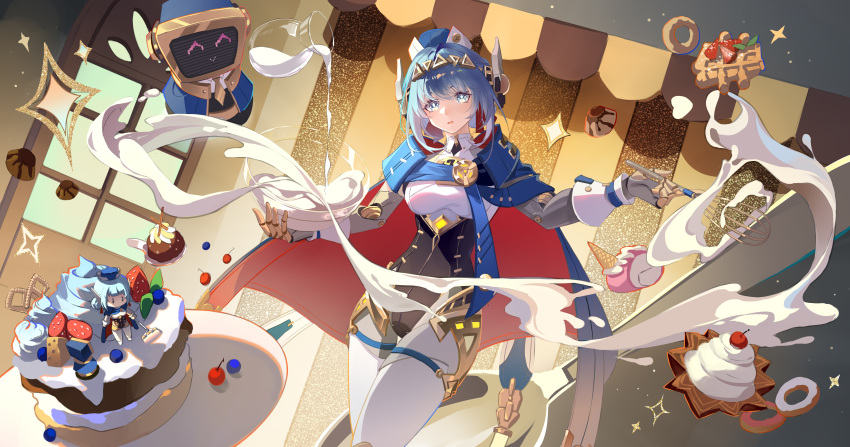 1girl, absurdres, android, berry, birgitta_(genshin_impact), blue_cape, blue_eyes, blue_hair
