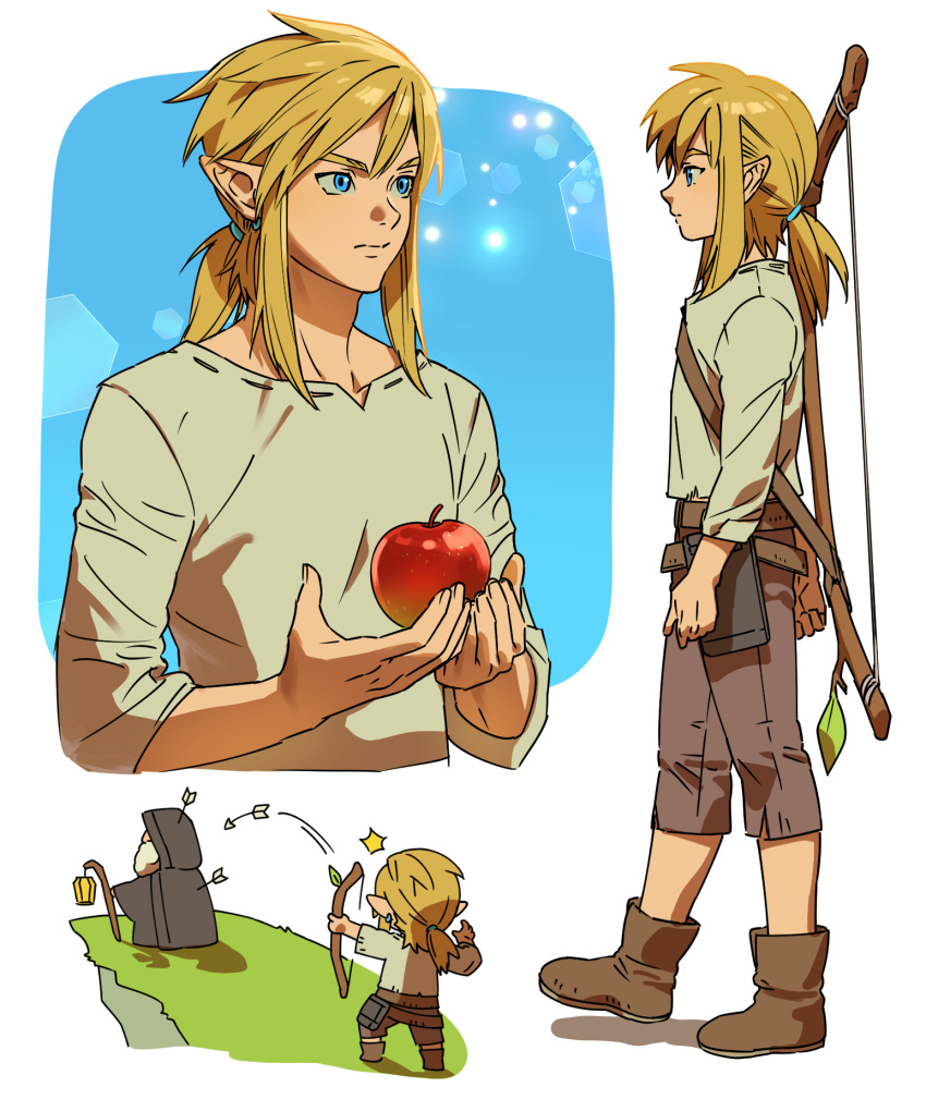 1boy, apple, blonde_hair, blue_eyes, boots, earrings, food, from_side
