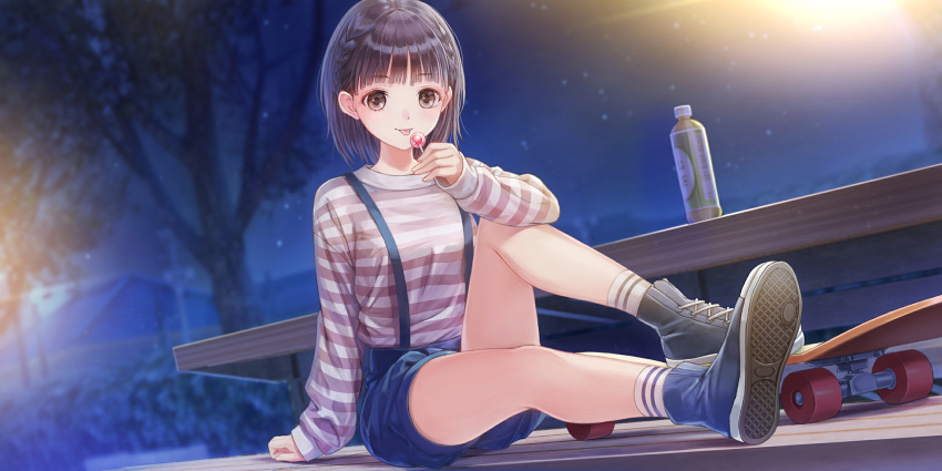 1girl, arm_support, asymmetrical_footwear, bare_legs, black_shoes, blue_reflection_(series), blue_reflection_sun, blue_shoes, blue_shorts, blue_suspenders, blunt_ends, bottle, braid, breasts, brown_eyes, brown_hair, brown_shirt, candy, closed_mouth, cross-laced_shoes, dot_nose, dutch_angle, food, game_cg, highres, holding, holding_candy, holding_food, holding_lollipop, hoshiya_kanna, kishida_mel, knee_up, lollipop, long_sleeves, looking_at_viewer, medium_breasts, mismatched_footwear, night, night_sky, non-web_source, official_art, on_bench, outdoors, picnic_table, shirt, shoes, short_hair, shorts, sitting, skateboard, sky, sleeves_past_wrists, solo, star_(sky), starry_sky, striped_clothes, striped_shirt, suspender_shorts, suspenders, table, tongue, tongue_out, tree, twin_braids, two-tone_shirt, white_shirt