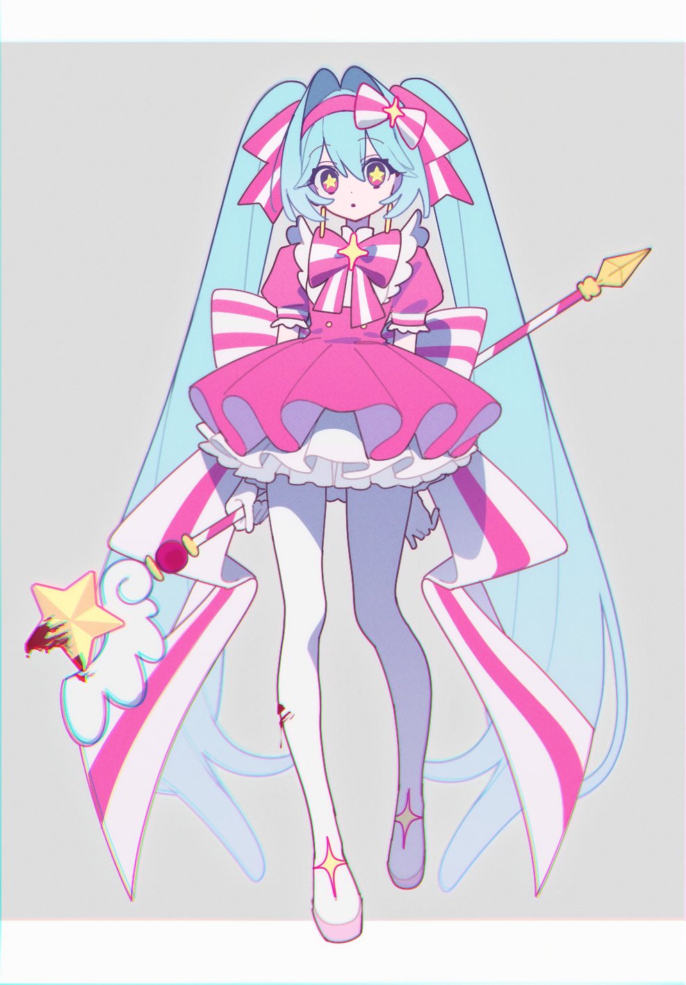 1girl, arms_behind_back, back_bow, blood, blood_on_clothes, blood_splatter, bow, bow_hairband, chest_bow, chromatic_aberration, commentary, dress, earrings, frilled_dress, frilled_sleeves, frills, full_body, gloves, grey_background, hair_bow, hair_intakes, hairband, hatsune_miku, highres, holding, holding_wand, imasugu_rinne_(vocaloid), jewelry, long_hair, looking_at_viewer, magical_girl, pink_bow, pink_dress, pink_eyes, pink_hairband, puffy_short_sleeves, puffy_sleeves, short_sleeves, simple_background, solo, standing, star-shaped_pupils, star_(symbol), star_wand, striped_bow, symbol-shaped_pupils, twintails, very_long_hair, vocaloid, wand, white_bow, white_gloves, yaiyaiko, yellow_pupils