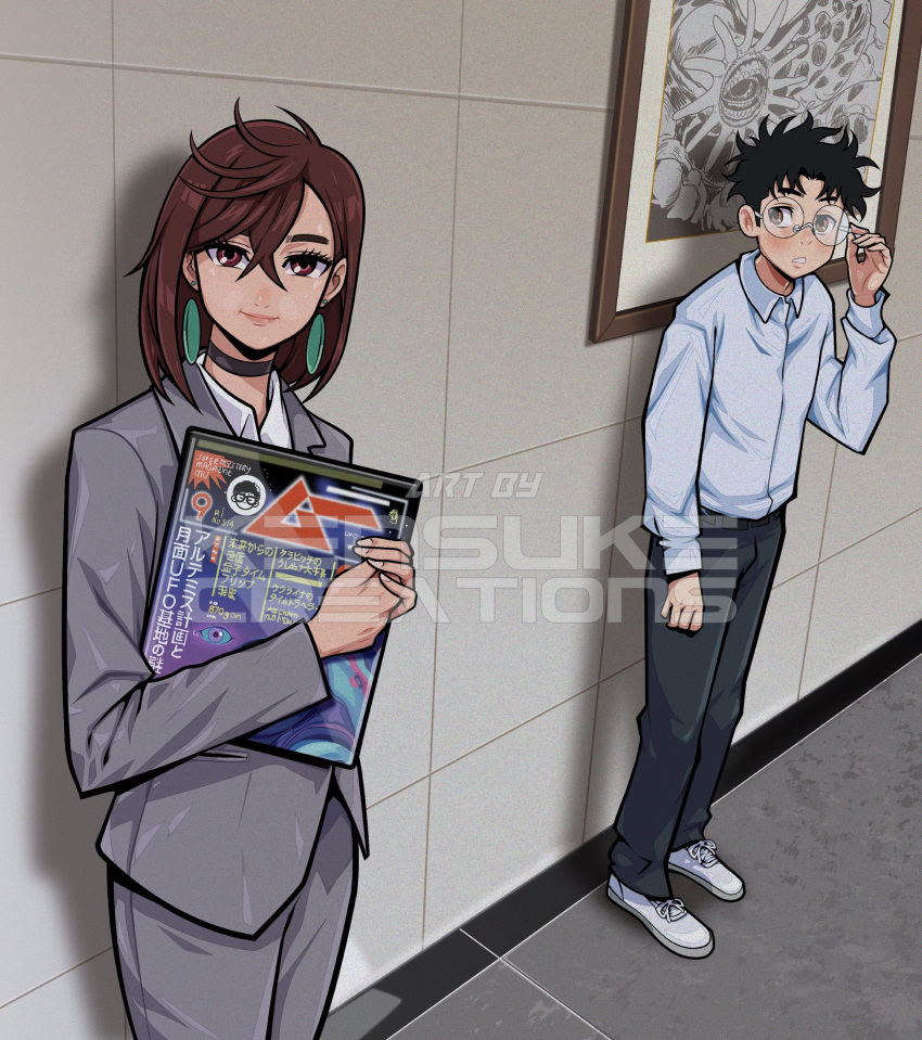 1boy, 1girl, adjusting_eyewear, against_wall, araki_saori, araki_saori_(cosplay), artist_name, ayase_momo