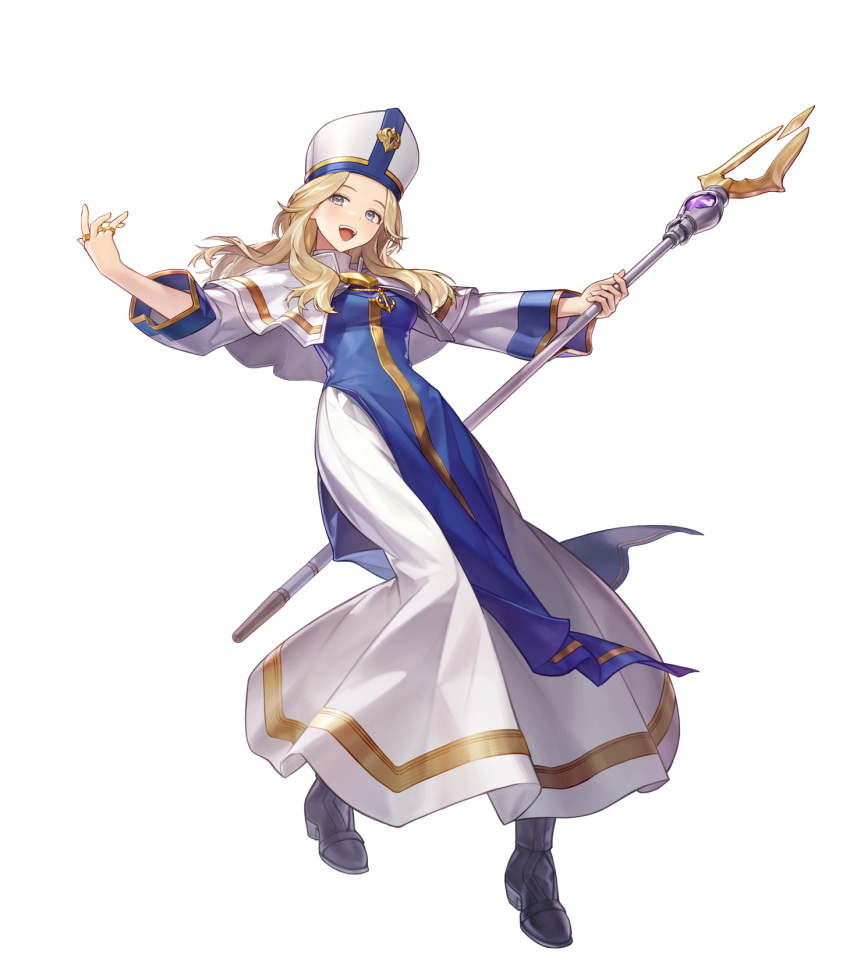 1girl, :d, artist_request, black_boots, blonde_hair, blue_eyes, blue_robe, boots