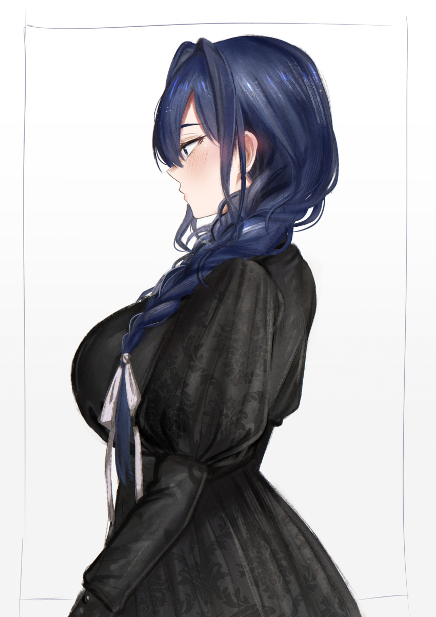 1girl, absurdres, ataririri, black_dress, blue_hair, blush, braid, breasts