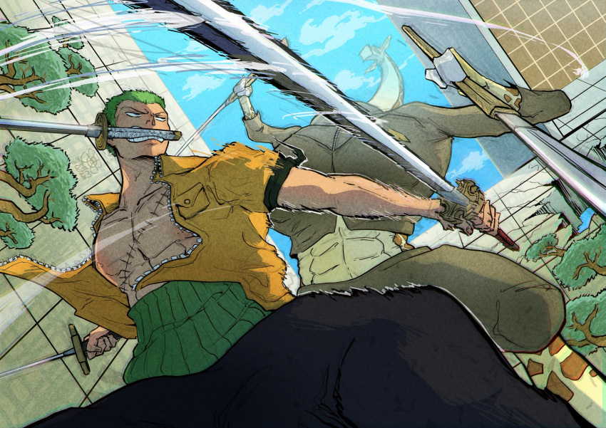 2boys, abs, alternate_form, bandana_around_arm, commentary, english_commentary, from_below, giraffe_boy