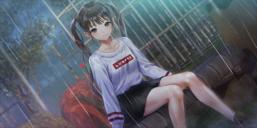 1girl, azumi_nanaka, bare_legs, bench, black_hair, black_skirt, blue_reflection_(series), blue_reflection_sun