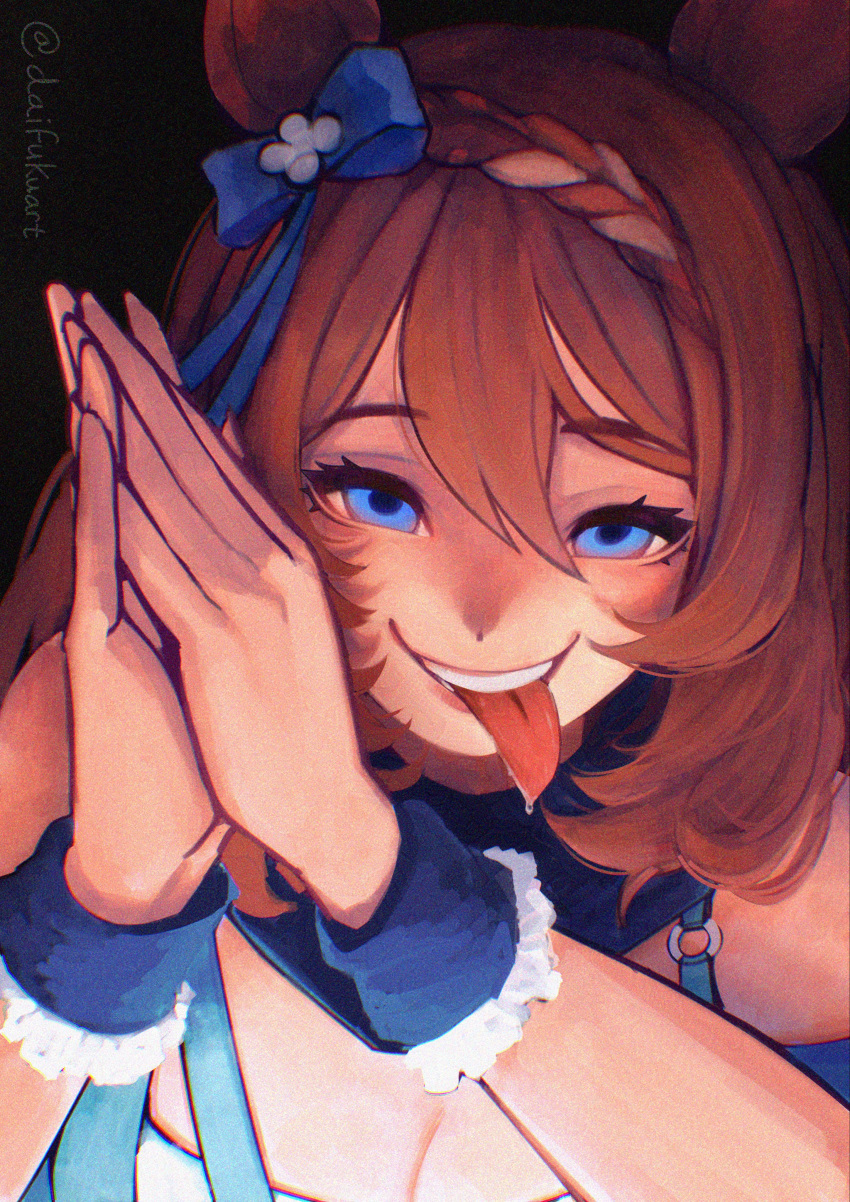 1girl, :p, absurdres, animal_ears, blue_eyes, braid, brown_hair, daifukuart