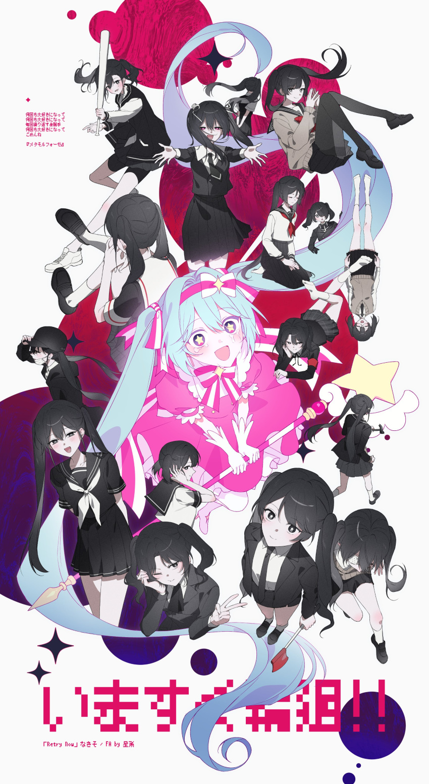 6+girls, :d, :o, ;), absurdres, baseball_bat, baseball_cap, black_bow