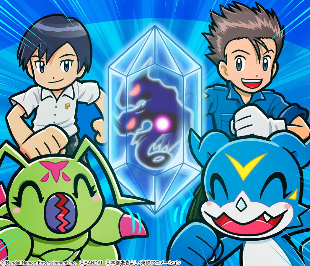 2boys, ^_^, akiyama_ryo, black_hair, blue_eyes, blue_jumpsuit, brown_hair, clenched_hand