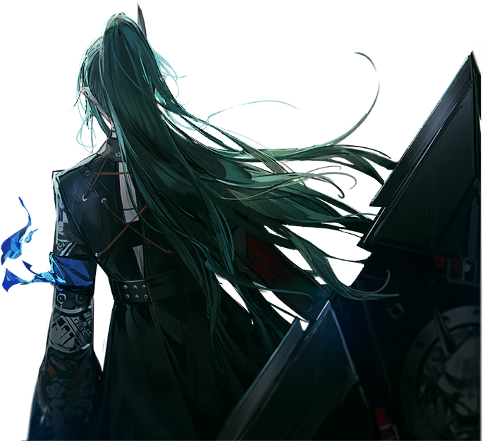 arknights, cowboy_shot, facing_away, floating_hair, green_hair, high_ponytail, holding, holding_shield