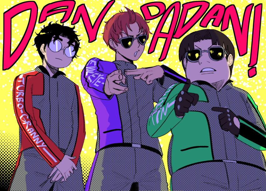 3boys, alternate_costume, belt, black_gloves, black_hair, closed_mouth, copyright_name, cosplay