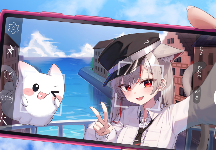 1girl, absurdres, animal_ears, black_hat, black_necktie, cat_ears, cat_girl, cat_tail