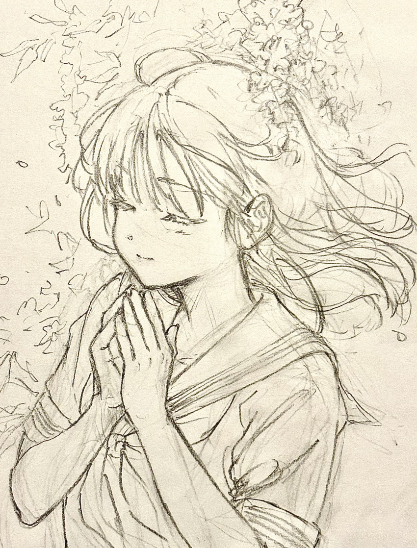 1girl, absurdres, aose_kiiro, closed_eyes, graphite_(medium), greyscale, highres, long_hair