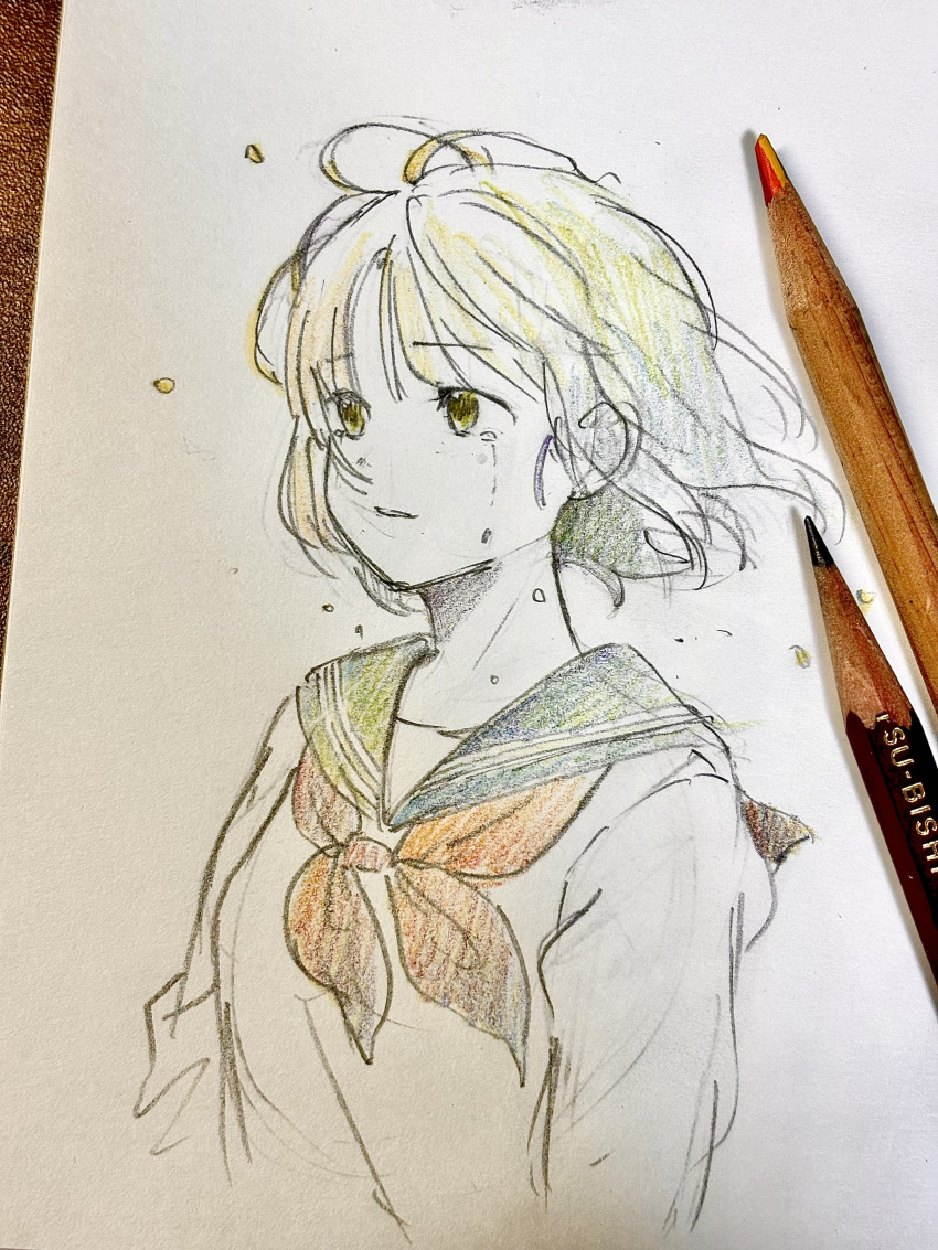 1girl, absurdres, aose_kiiro, art_tools_in_frame, blue_sailor_collar, brown_eyes, colored_pencil_(medium), graphite_(medium)