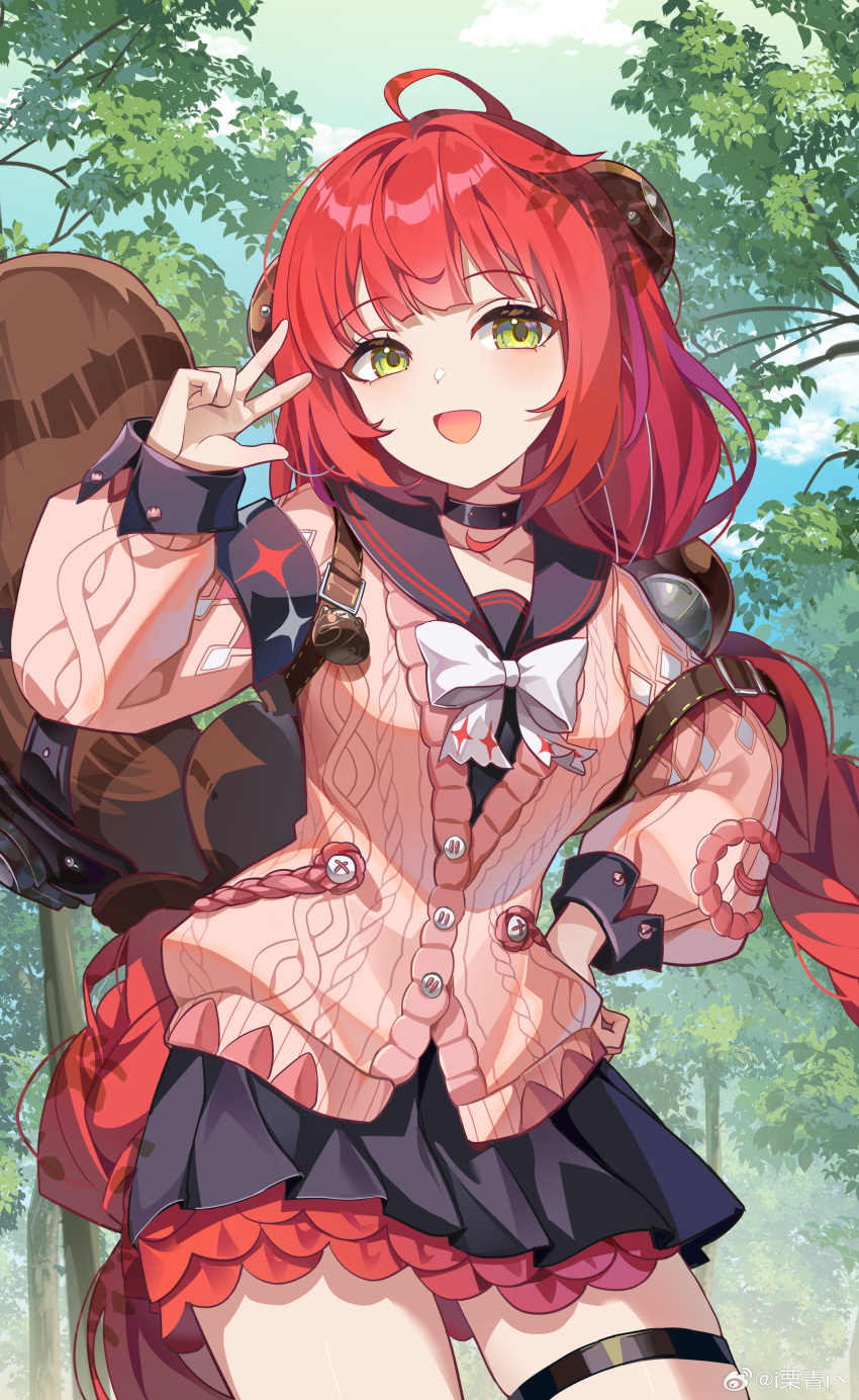 1girl, :d, absurdres, ahoge, bag, black_choker, black_sailor_collar, black_skirt, bow, cardigan, choker, cowboy_shot, day, green_eyes, hand_on_own_hip, highres, horns, i_liqing_i, long_hair, long_sleeves, looking_at_viewer, open_mouth, outdoors, pleated_skirt, red_hair, sailor_collar, skirt, smile, solo, thigh_strap, tree, twintails, ukinami_yuzuha, v, watermark, weibo_username, weibo_watermark, zenless_zone_zero