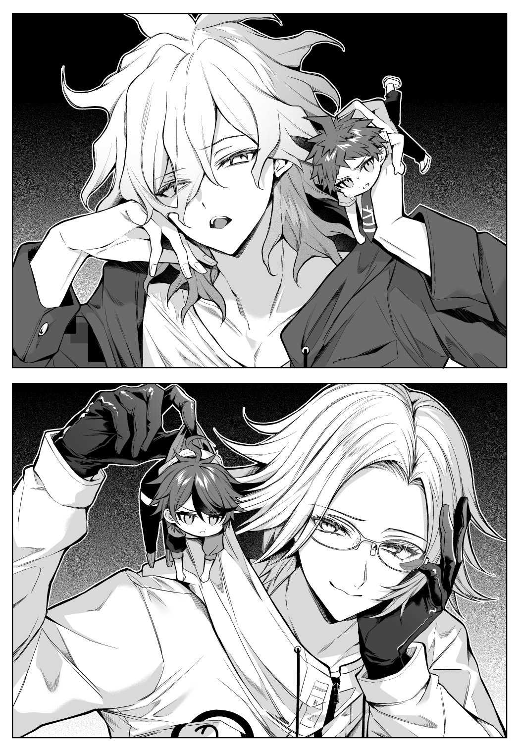 4boys, ahoge, aotsuki_eito, clenched_teeth, closed_mouth, collarbone, commentary_request, crossover, danganronpa_(series), danganronpa_2:_goodbye_despair, drawstring, expressionless, eye_contact, facing_viewer, film_grain, fluffy_hair, forehead, frown, furrowed_brow, glasses, gloves, greyscale, hand_on_own_face, hands_up, head_rest, highres, hinata_hajime, holding, holding_mini_person, jacket, komaeda_nagito, lifting_person, long_sleeves, looking_at_another, looking_to_the_side, male_focus, mini_person, miniboy, monochrome, multiple_boys, necktie, open_clothes, open_jacket, open_mouth, outline, pants, picking_up, raised_eyebrows, scruffed, scruffing, shirt, shoes, short_hair, short_sleeves, smirk, sumino_takumi, sweatdrop, teeth, the_hundred_line_-last_defense_academy-, very_short_hair, white_outline, yumeyume_2z