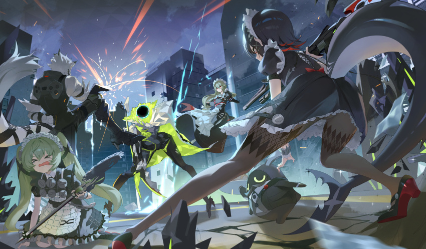 1boy, 3girls, absurdres, alexandrina_sebastiane, apron, bagboo_(zenless_zone_zero), battle, black_hair