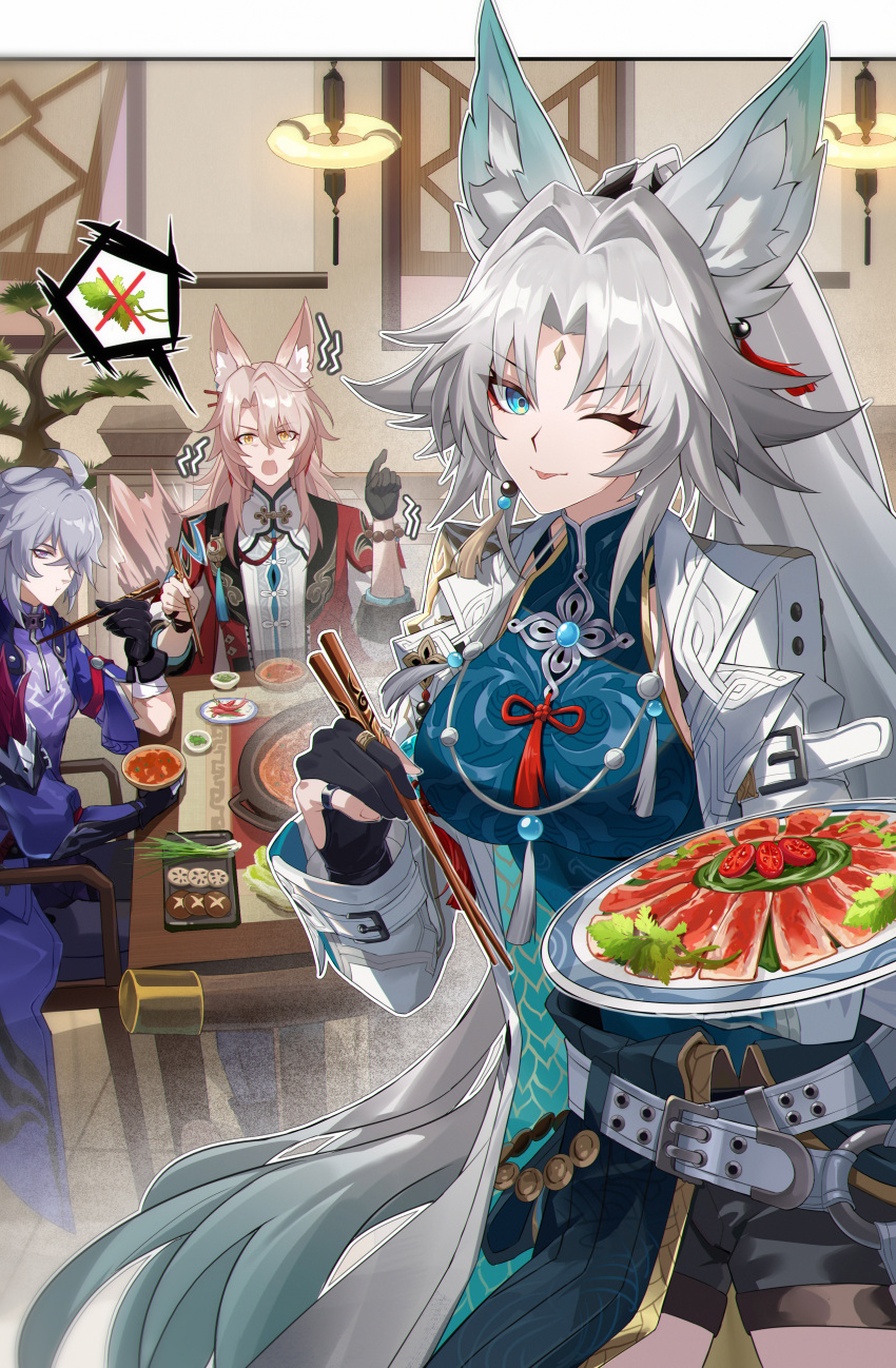 1boy, 2girls, absurdres, animal_ear_fluff, animal_ears, anjilu, belt, black_gloves, blue_eyes, bonsai, breasts, cabbage, cherry_tomato, chili_pepper, chopsticks, closed_eyes, earrings, facial_mark, feixiao_(honkai:_star_rail), fingerless_gloves, food, forehead_mark, fox_ears, fox_girl, fox_tail, gloves, grey_hair, highres, holding, holding_chopsticks, honkai:_star_rail, honkai_(series), indoors, jacket, jewelry, jiaoqiu_(honkai:_star_rail), long_hair, long_sleeves, looking_at_viewer, lotus_root_slice, meat, moze_(honkai:_star_rail), multiple_girls, mushroom, one_eye_closed, open_mouth, plate, ponytail, shorts, sitting, smile, spring_onion, table, tail, tomato, translation_request, very_long_hair, yellow_eyes