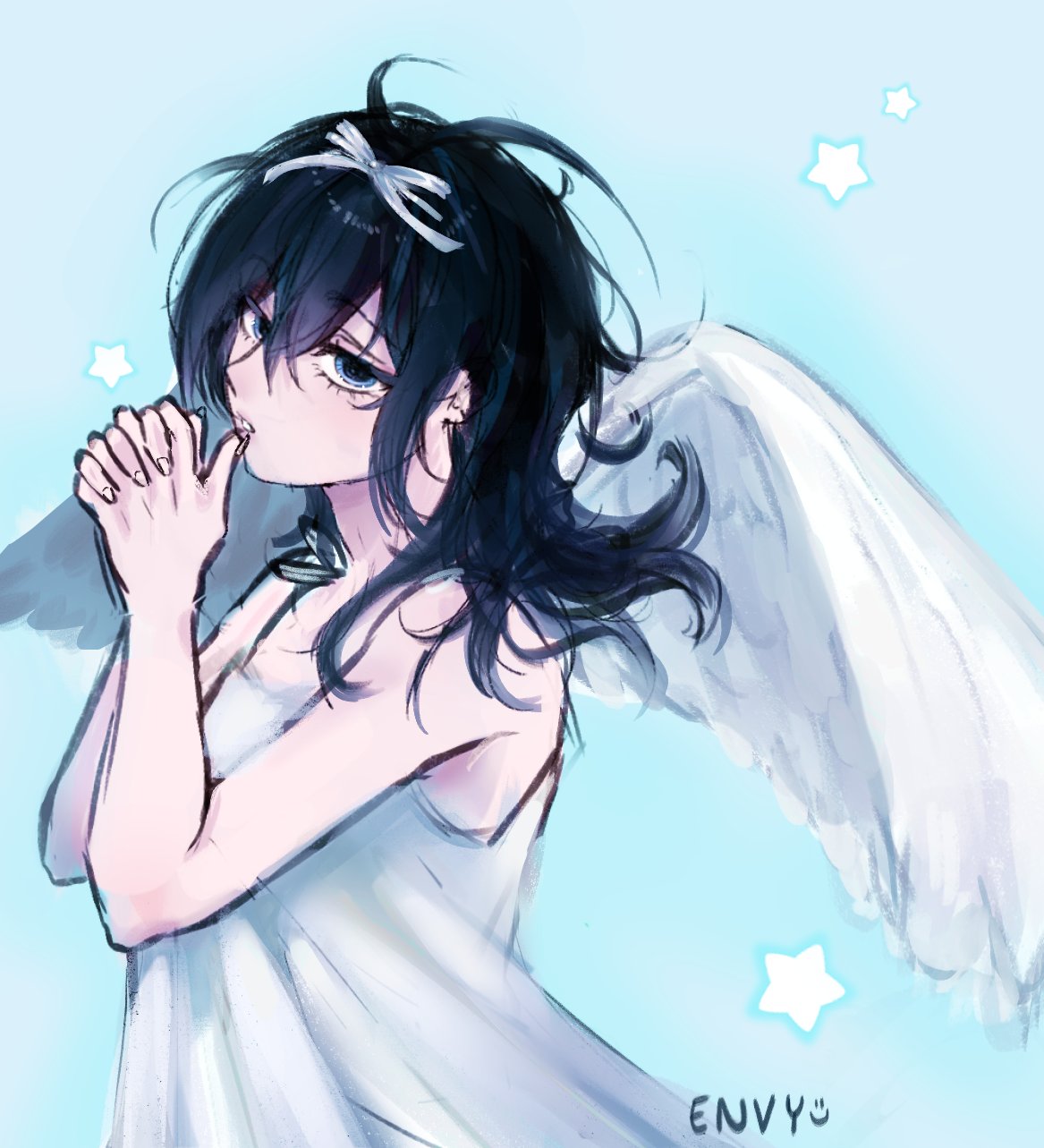 1girl, alien_stage, angel, angel_wings, artist_name, bare_arms, black_hair, blue_background