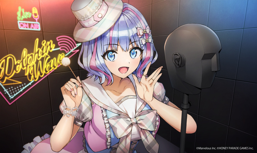 1girl, absurdres, asmr, binaural_microphone, blue_eyes, blue_hair, bow, dolphin_wave