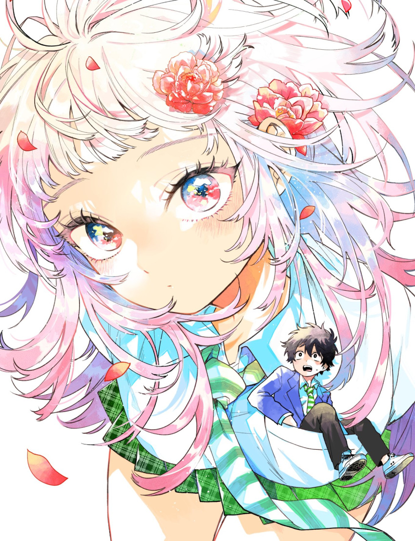 1boy, 1girl, black_hair, blush, breasts, brown_eyes, brown_hair, closed_mouth