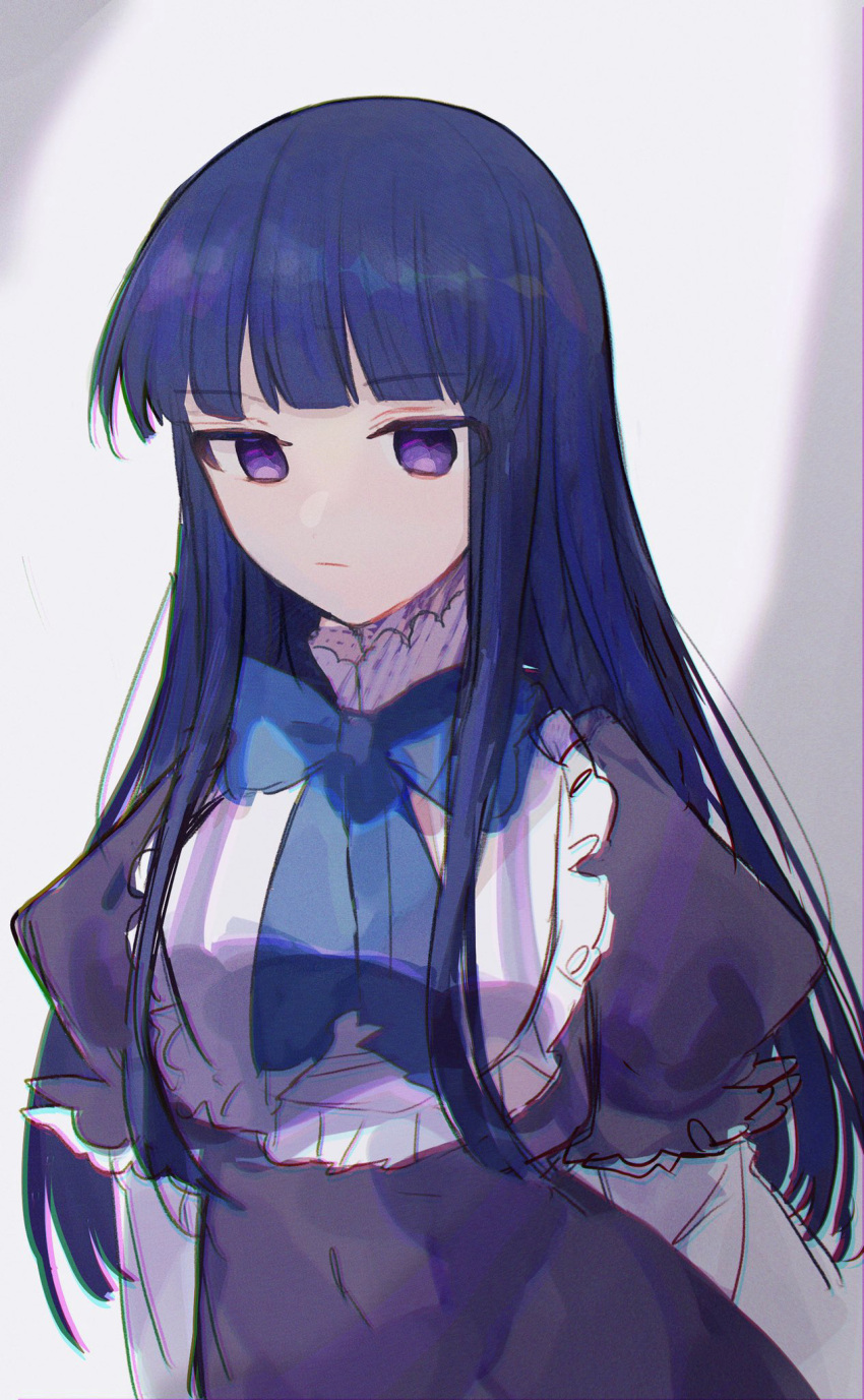 1girl, :/, bakara_(19083210), bib_collar, black_dress, blue_bow, blue_bowtie, blue_hair