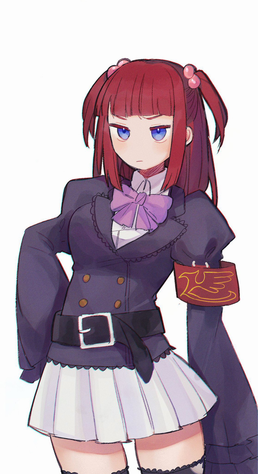 1girl, armband, bakara_(19083210), belt, belt_buckle, black_belt, blue_eyes, blunt_bangs