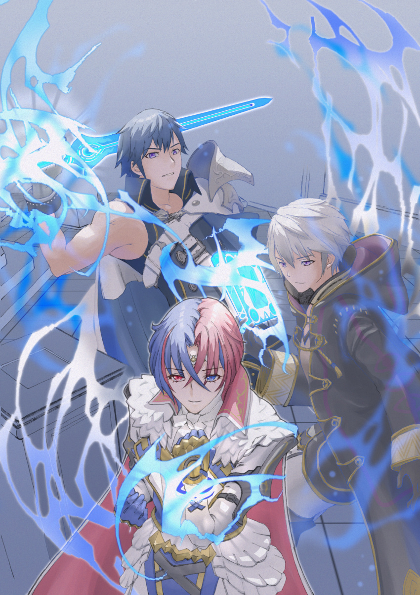 3boys, black_gloves, black_robe, blue_aura, blue_eyes, blue_gloves, blue_hair, blue_shirt