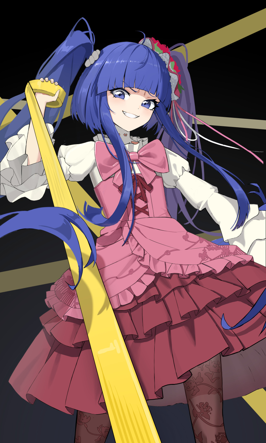 1girl, absurdres, black_background, blue_eyes, blue_hair, blunt_bangs, bow, bowtie, brown_pantyhose, choker, commentary, corset, cowboy_shot, duct_tape, floral_print, frilled_skirt, frills, furudo_erika, grin, highres, holding_tape, layered_skirt, layered_sleeves, long_hair, long_sidelocks, long_sleeves, pantyhose, pink_bow, pink_bowtie, pink_corset, pink_skirt, print_pantyhose, red_ribbon, ribbon, rihaku_(lb1416034349), shirt, sidelocks, skirt, smile, solo, twintails, umineko_no_naku_koro_ni, very_long_hair, white_choker, white_shirt