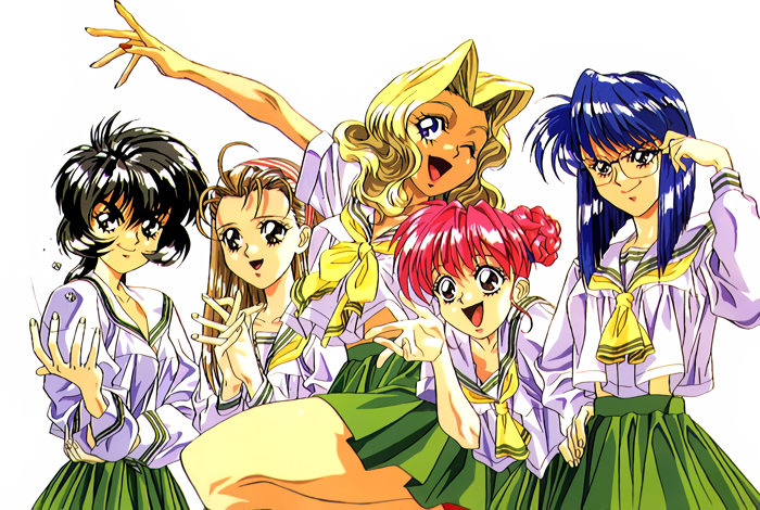 1990s_(style), 5girls, arm_up, black_eyes, black_hair, blonde_hair, blue_eyes, blue_hair