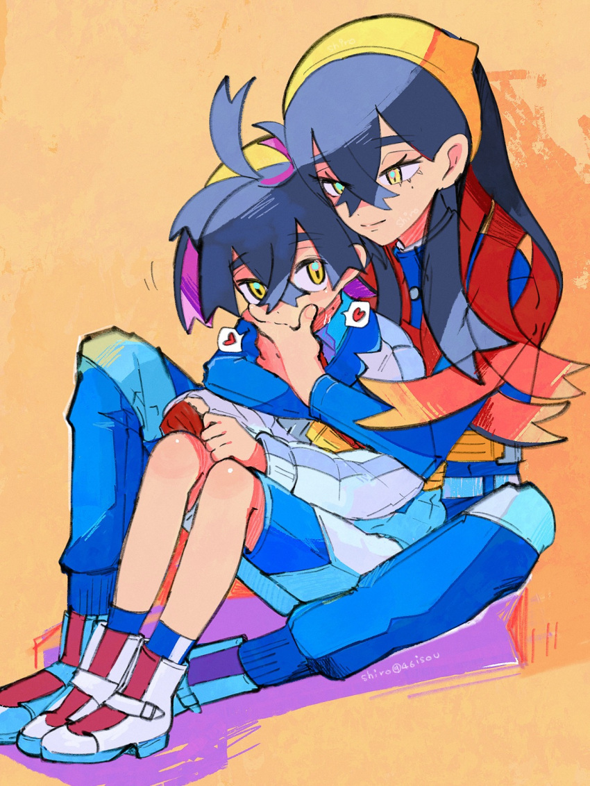 1boy, 1girl, black_hair, blue_jacket, blue_pants, blue_socks, blush, brother_and_sister