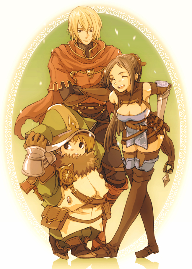 breasts, brown_hair, cape, cleavage, closed_eyes, eyes_closed, kuratomi, marco_(radiant_historia), radiant_historia, raynie, stocke, thigh-highs, thighhighs, tommy0117