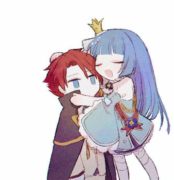 1boy, 1girl, aqua_dress, bakara_(19083210), black_cape, blue_eyes, blue_hair, cape