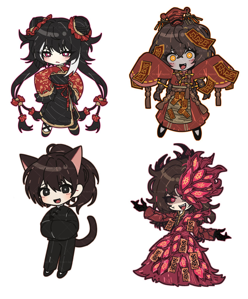 1girl, 3boys, :<, :d, animal_ears, black_eyes, black_hair, black_sclera