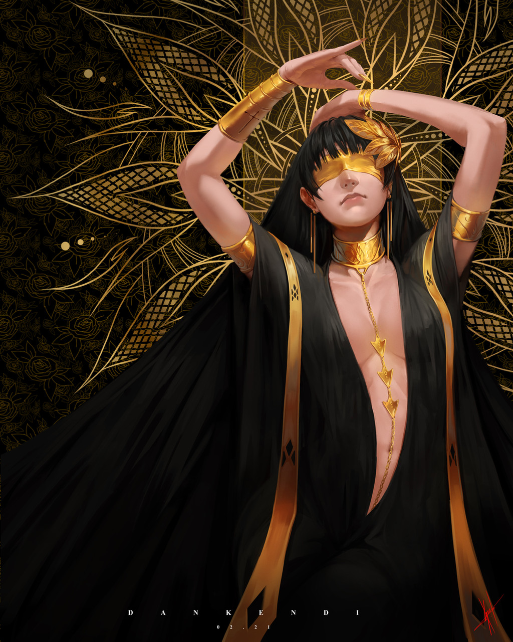 1girl, arms_up, black_background, black_dress, black_hair, blindfold, blunt_bangs, bracelet