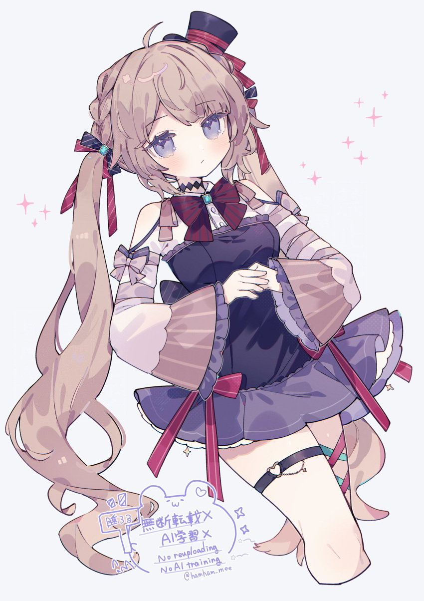 1girl, ahoge, black_hat, black_ribbon, blush, bow, bowtie, brown_hair