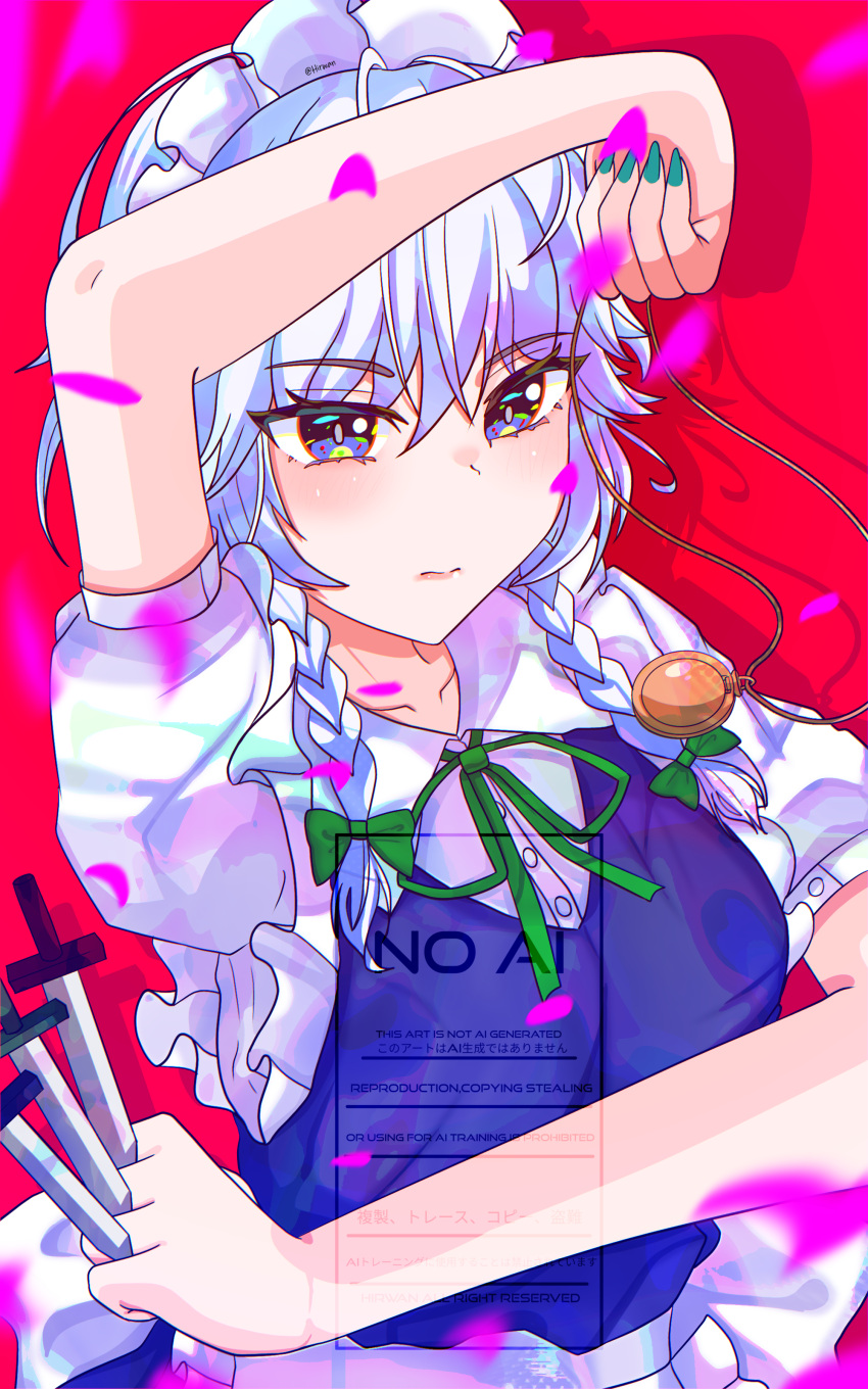 absurdres, apron, between_fingers, bow, braid, embodiment_of_scarlet_devil, green_bow, grey_hair, highres, hirwannew, holding, holding_knife, izayoi_sakuya, knife, knives_between_fingers, maid, maid_apron, maid_headdress, non-web_source, pocket_watch, touhou, twin_braids, waist_apron, watch