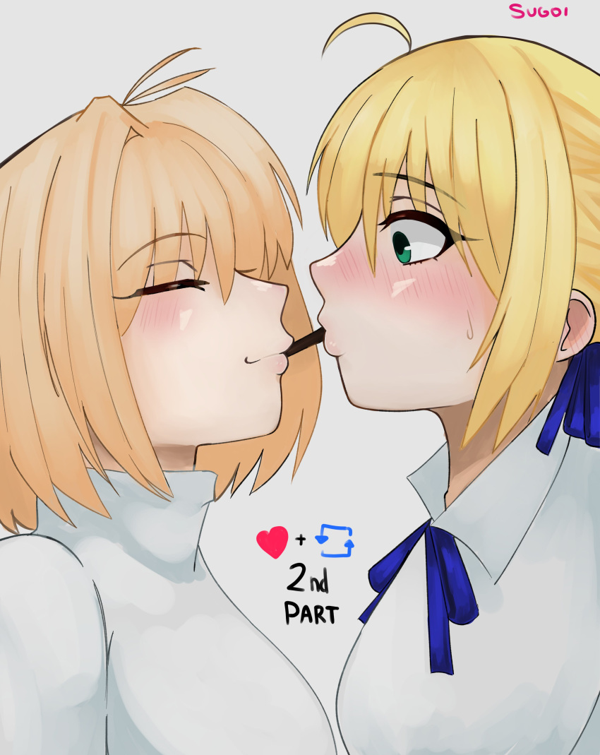2girls, absurdres, ahoge, arcueid_brunestud, artoria_pendragon_(fate), blonde_hair, blush, breasts
