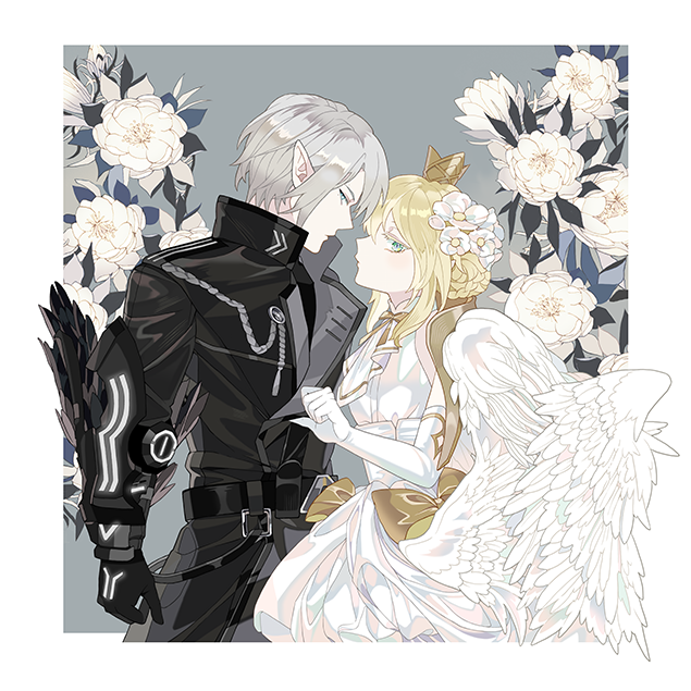 1boy, 1girl, aiguillette, angel_wings, aqua_eyes, arm_at_side, arm_guards, ascot