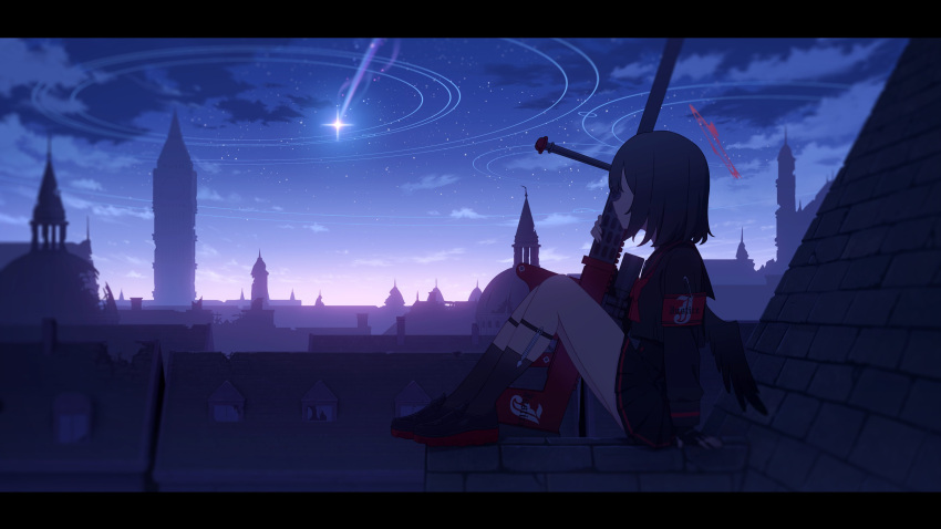 absurdres, black_hair, blue_archive, gradient_sky, halo, highres, justice_task_force_(blue_archive), mashiro_(blue_archive)